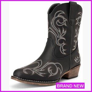 Western Ankle Boots Embroidered Square Toe Chunky Heel Zipper Retro Fashion